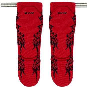Muayway Shin Guards Elastic Cotton Competition Shin Pads Red Grafic Free Size Free Shipping + Branded Keychain