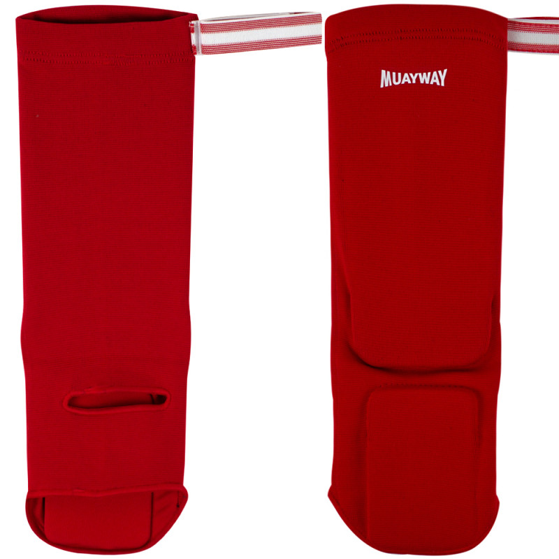 Muayway Shin Guards Elastic Cotton Competition Shin Pads Red Free Size Free Shipping + Branded Keychain