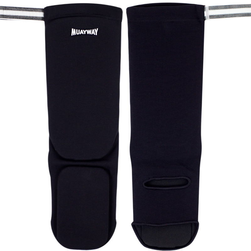Muayway Shin Guards Elastic Cotton Competition Shin Pads Black Free Size Free Shipping + Branded Keychain