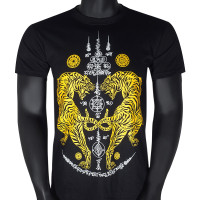 Muay Thai T-Shirt "2 Tigers" Tatoo Sak Yant Black-Gold Free Shipping