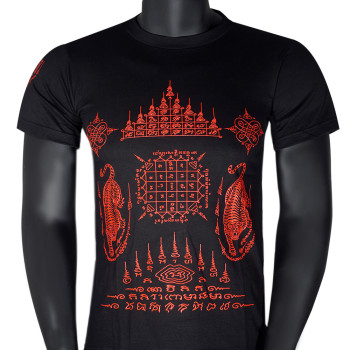 Muay Thai T-Shirt "2 Tigers" Rubber Print Tatoo Sak Yant Black-Red Free Shipping