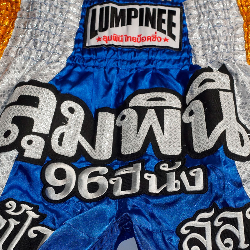 Lumpinee Muay Thai Boxing Shorts "Fringe" Blue-Yellow Free Shipping